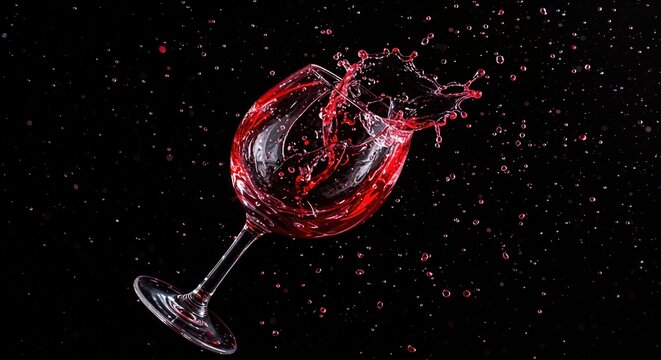 A clear wine glass, filled with vivid red liquid, dramatically splashes its contents outwards in a dynamic, high-speed motion against a stark black background. - Powered by Adobe