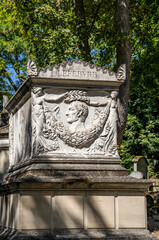 Monumental and ornated graves in the Cemetery of Pere Lachaise, largest cemetery in Paris, France, where many famous artists are buried.