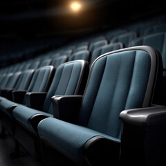 Empty blue arena seat in dim stadium row, spotlight glowing above and soft dramatic mood filling quiet venue