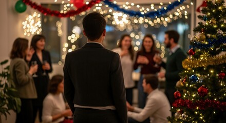 Young diverse professionals celebrating a festive Christmas holiday party in a decorated office or home with string lights and a Christmas tree, enjoying drinks and conversation.
