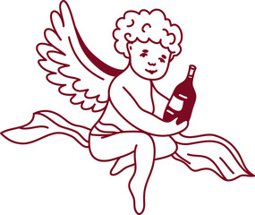 Fototapeta premium Cherub Holding Wine Bottle Line Art