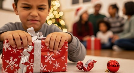 Focused young Hispanic boy unwrapping a red Christmas gift with snowflake paper and silver ribbon during a festive family holiday celebration