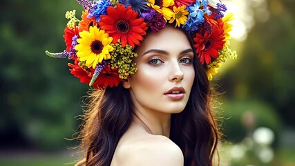 Vibrant Bloom: A captivating portrait of a woman adorned with a vibrant floral crown, the embodiment of natural beauty, her gaze direct, with sunlight caressing her features.