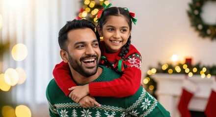 Happy Indian father giving his young daughter a piggyback ride, both smiling and laughing in festive Christmas sweaters during the holiday season at home