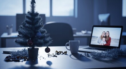 Quiet office desk decorated for Christmas with a small festive tree and a laptop displaying a happy family photo, symbolizing holiday season and work-life balance.