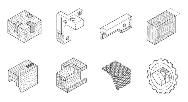 technical isometric drawings of engineering and woodworking components featuring joints brackets and gears ideal for industrial design and education.