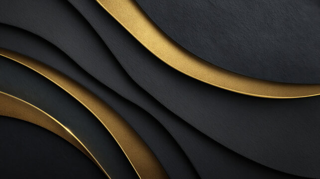 Black textured background with layered curved gold trim creating elegant wave pattern and subtle shadow contrast, luxurious abstract composition conveying sophistication and calm