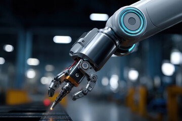 Obraz premium Robotic arm industrial robot precision assembly metal fabrication robotic welder automation factory interior robotic hand manufacturing close up