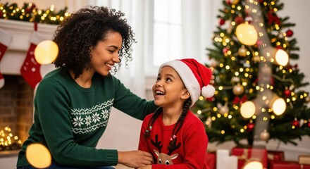 Happy African American mother and her cute daughter celebrating Christmas at home, smiling and enjoying the festive holiday season together