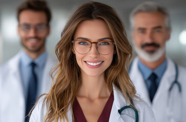 Young female doctor smiling confidently with two colleagues in white coat behind her in hospital corridor, warm professional atmosphere and supportive medical team