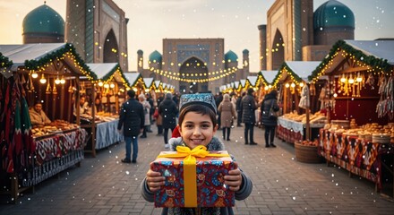 Smiling young boy holding a festive gift at a bustling winter market with traditional architecture and falling snow