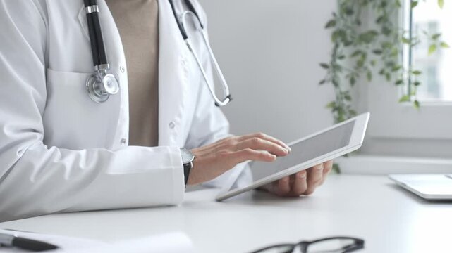 Doctor man wearing lab coat and stethoscope using digital tablet in modern medical office, browsing patient information or conducting online consultation. Medicine and health care