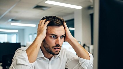 Frustration and Overload: A person sits at a computer, with hands on head, expressing frustration and overwhelm. Capturing the digital age's challenges.