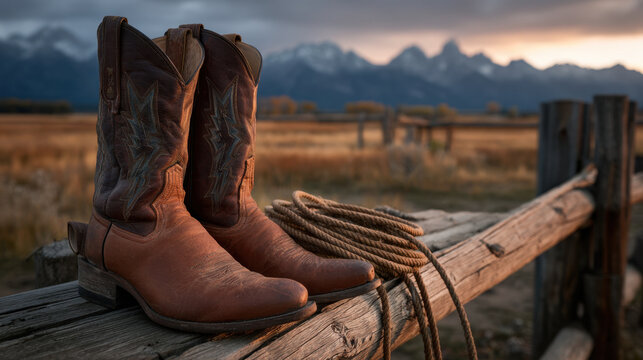 Worn leather cowboy boot and coiled lasso on weathered wooden fence with mountain sunrise and prairie field in soft golden light, evoking rustic western solitude and early morning calm - Powered by Adobe