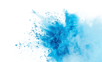 Dynamic vibrant blue dust powder explosion cloud effect isolated PNG cutout, transparent background. Fun, colorful blast, celebration, party, festival graphic element