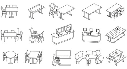 isometric line art icons of business furniture tables chairs desks for architectural  interior design.