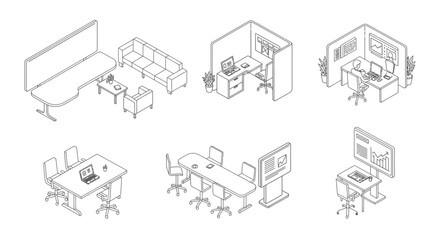 Obraz premium isometric line art of modern office workspaces meeting rooms and cubicles perfect for business technology and corporate design.