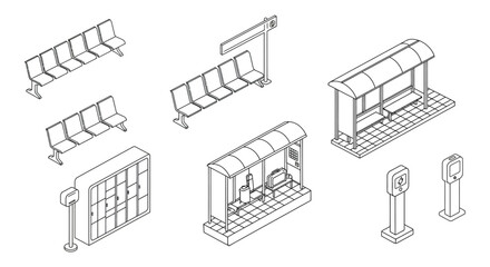 isometric line art of public transport infrastructure and smart city elements depicting bus stops benches lockers and charging stations for urban layouts.