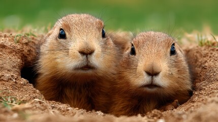 Prairie Dog Buddies: Two adorable prairie dogs peek out from their burrow, their inquisitive eyes and fluffy fur radiating curiosity in this captivating wildlife shot.