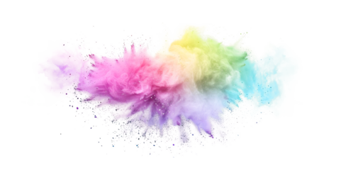 Dynamic pale pastel rainbow dust powder cloud explosion effect isolated PNG cutout, transparent background. Fun, colorful blast, celebration, party, festival graphic element
