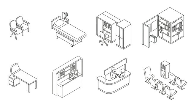 isometric line art icons of healthcare and office environments illustrating medical facility furniture reception desks and waiting areas for modern design concepts.