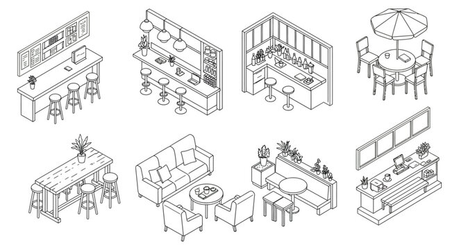isometric line art of cafe restaurant bar interiors featuring diverse seating counter designs and furniture for hospitality design.
