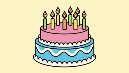 Colorful two-tier birthday cake with lit candles against a soft yellow background