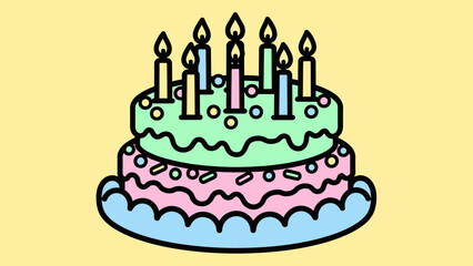 Colorful layered birthday cake with candles and sprinkles on a bright yellow background