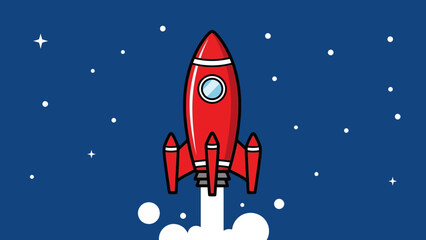 A vibrant red rocket launching into a starry blue space background, symbolizing adventure and exploration