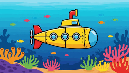 Colorful cartoon submarine navigating through vibrant underwater coral reef scene