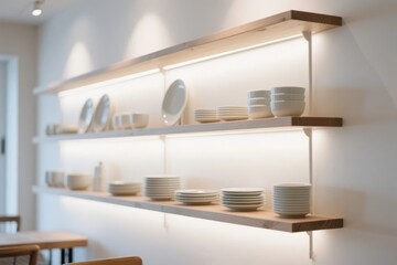Minimalist kitchen shelves with neatly arranged white dishes and under-shelf lighting