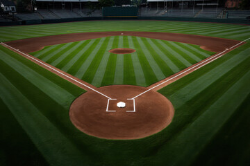 Baseball field with striped green grass home plate mound dirt infield empty stadium peaceful sunny day