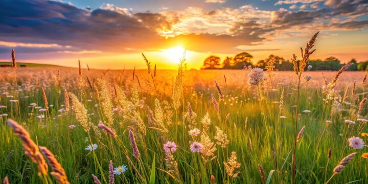 Long blades of grass stretching towards the sunset in a serene meadow landscape at golden hour, sunset, wildflowers