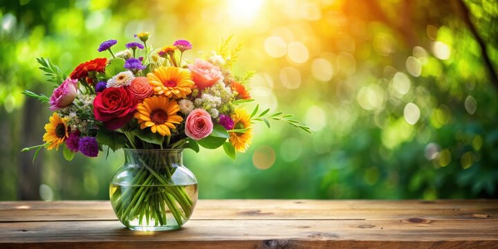 Beautiful bouquet of colorful flowers in an elegant glass vase on a wooden table, surrounded by lush greenery and soft lighting , elegant, soft lighting