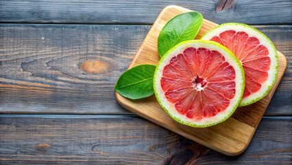 Vibrant pink and green pomelo slice on wooden cutting board, fresh fruit, fruit slice
