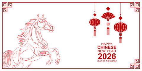Happy Chinese New Year, horse zodiac line art style on transparent background