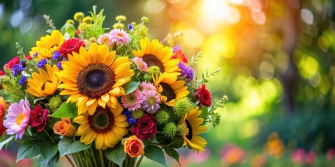 Vibrant colorful flowers arranged in a beautiful garden bouquet with lush greenery and vibrant sunflowers , Festive occasions, Nature