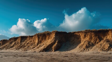 Coastal Erosion Landscape: A stunning shot capturing the dramatic coastal erosion, where the earth meets the sky under a picturesque day. Evoking feelings of natural beauty and environmental change.