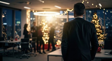 Businessman in suit looking at a festive corporate Christmas party in a modern office with city lights at night