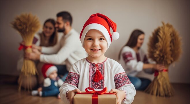 Happy little boy in Santa hat and traditional embroidered shirt holding a Christmas gift, celebrating winter holidays with his family at home.