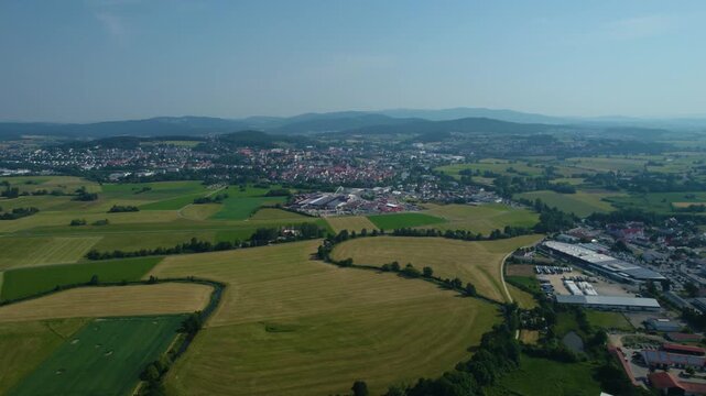 Aerial view of the old town and city Cham in Germany, Bavaria on a sunny noon spring day