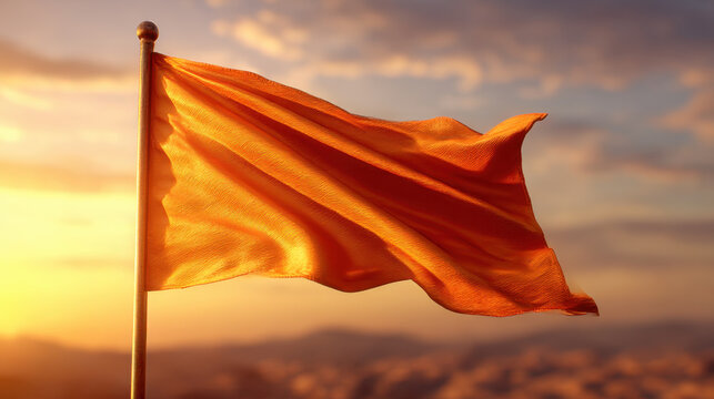 Orange flag waving in wind at sunset, fabric texture glowing, pole silhouette, dramatic sky, warm light
