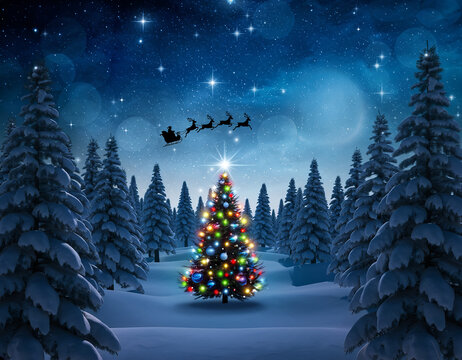 夜空に浮かぶサンタクロースのそりとクリスマスツリーのイラスト-Christmas / winter / Santa Claus / reindeer / sled / floating in the night sky / illustration style / Generated image-