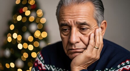 Sad senior Hispanic man with a pensive expression wearing a festive Christmas sweater, feeling lonely during the holiday season with blurred lights.