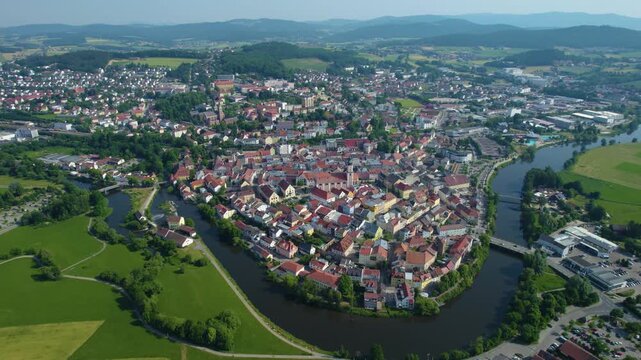 Aerial view of the old town and city  Cham in Germany, Bavaria on a sunny noon spring day