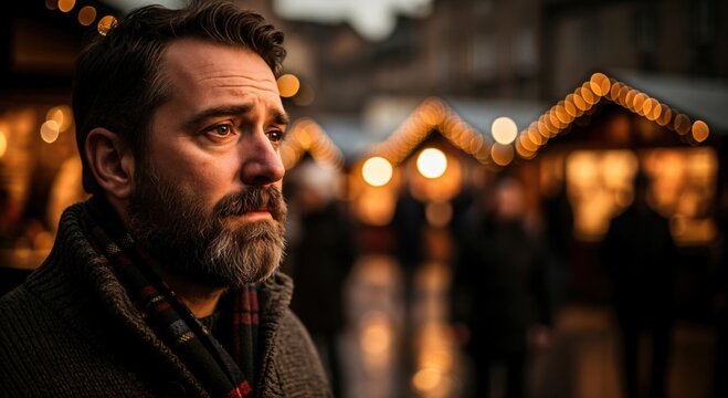 Middle-aged Caucasian man with a beard looking pensive and sad at an outdoor evening market with blurred lights
