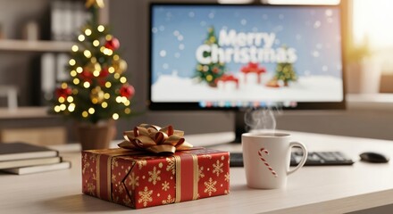 Festive Christmas decorated office desk with a computer monitor displaying 'Merry Christmas', a small illuminated tree, a red gift box, and a steaming hot drink in a candy cane mug.