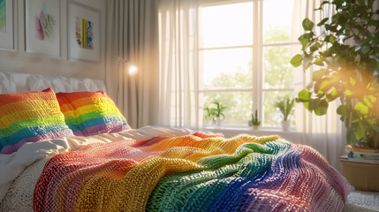Bedroom decorated with vibrant rainbow colored bedding. Cozy home decor interior. LGBTQ pride, inclusion, inclusivity, diversity, inclusiveness, lifestyle, inclusive living environment promotion.