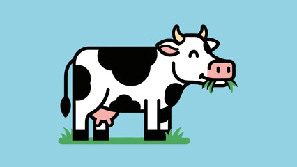 Cartoon cow happily grazing on grass against a light blue background, showcasing a cheerful farm scene