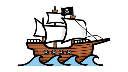 Cartoon pirate ship sailing on waves with a skull flag, vibrant colors, playful design